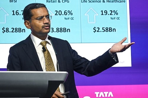 Rajesh Gopinathan, chief executive and managing director of India"s largest software exporter Tata Consultancy Services (TCS), speaks during a press conference announcing the Q4 and annual results of the company in Mumbai on April 11, 2022.
Image: Indranil Mukherjee / AFP Rajesh Gopinathan, chief executive and managing director of India"s largest software exporter Tata Consultancy Services (TCS), speaks during a press conference announcing the Q4 and annual results of the company in Mumbai on April 11, 2022.
Image: Indranil Mukherjee / AFP