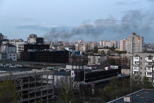 A photograph shows smoke above Kyiv after strikes on April 18, 2022, on the 64th day of the Russian invasion of Ukraine. Russian strikes slammed into Kyiv on April 28, 2022 evening as UN Secretary-General Antonio Guterres was visiting, in the first such bombardment of Ukraine"s capital since mid-April, the mayor and AFP correspondents said.​ (Credits: SERGEY VOLSKIY / AFP) A photograph shows smoke above Kyiv after strikes on April 18, 2022, on the 64th day of the Russian invasion of Ukraine. Russian strikes slammed into Kyiv on April 28, 2022 evening as UN Secretary-General Antonio Guterres was visiting, in the first such bombardment of Ukraine"s capital since mid-April, the mayor and AFP correspondents said.​ (Credits: SERGEY VOLSKIY / AFP)