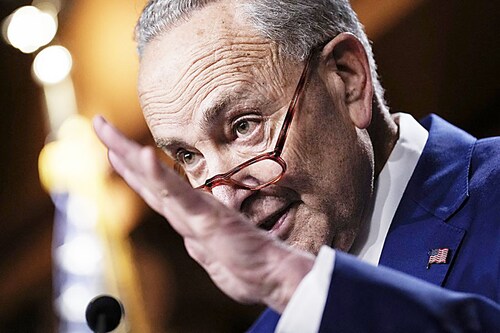 Senate Majority Leader Chuck Schumer (D-NY) speaks during a news conference after passage of the Inflation Reduction Act at the U.S. Capitol August 7, 2022 in Washington, DC. The Senate worked overnight Saturday into Sunday as they moved toward final passage of Senate budget reconciliation deal, which Senate Democrats have named The Inflation Reduction Act of 2022. The final vote was 51-50, with the tie-breaking vote being cast by Vice President Kamala Harris. Image: Drew Angerer/Getty Images/AFP