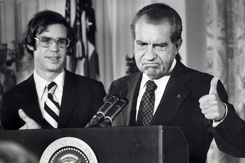 Photo taken on August 9, 1974: The 37th President of the United States, Richard Nixon, bids farewell to the White House staff.
Image: Consolidated News Pictures / AFP Photo taken on August 9, 1974: The 37th President of the United States, Richard Nixon, bids farewell to the White House staff.
Image: Consolidated News Pictures / AFP