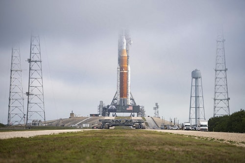 NASA"s Space Launch System (SLS) rocket with the Orion spacecraft aboard is seen atop a mobile launcher at Launch Complex 39B, Friday, March 18, 2022, after being rolled out to the launch pad for the first time at NASAÃ­s Kennedy Space Center in Florida. - Ahead of NASAÃ­s Artemis I flight test, the fully stacked and integrated SLS rocket and Orion spacecraft will undergo a wet dress rehearsal at Launch Complex 39B to verify systems and practice countdown procedures for the first launch.
Image: Aubrey GEMIGNANI / NASA / AFP)