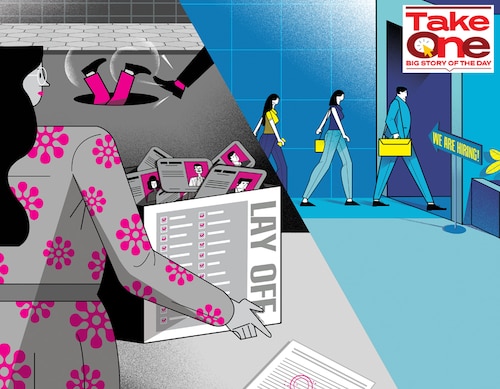 The past few months have been difficult for people working in the private sector in India, particularly for employees of tech companies. It’s not just the startups that are laying off people, but also storied IT services organisations. Illustration: Chaitanya Surpur