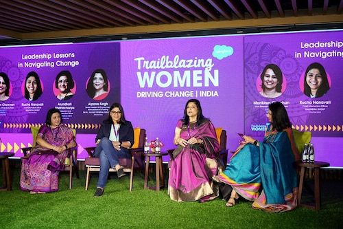 Arundhati Bhattacharya (extreme left), CEO and chairperson at Salesforce India, in a conversation about leadership with co-panellists at a gender equality summit held by the company. Arundhati Bhattacharya (extreme left), CEO and chairperson at Salesforce India, in a conversation about leadership with co-panellists at a gender equality summit held by the company.