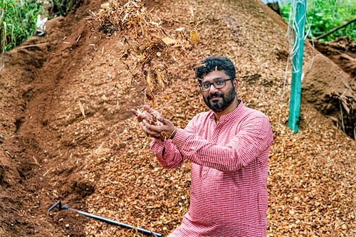 Buyofuel CEO, Kishan Karunakaran at a wood chips factory in Perumbavoor, Kerala <br>Image: Arun Chandrabose for Forbes India