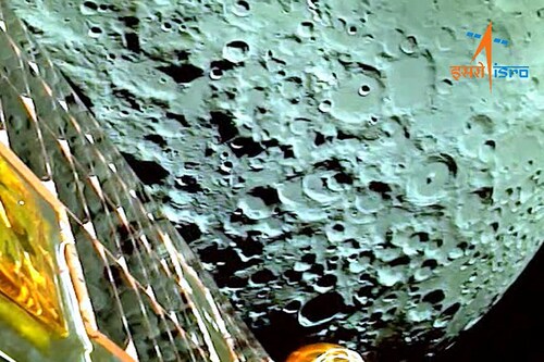 A view of the moon as viewed by the Chandrayaan-3 lander during Lunar Orbit Insertion on August 5, 2023 in this screengrab from a video released August 6, 2023. Image: ISRO/Handout via REUTERS