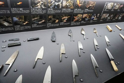 Knives on display at the Sakai Traditional Crafts Museum in the city of Sakai, Osaka prefecture. Image: SAAD SAYEED / AFP Knives on display at the Sakai Traditional Crafts Museum in the city of Sakai, Osaka prefecture. Image: SAAD SAYEED / AFP