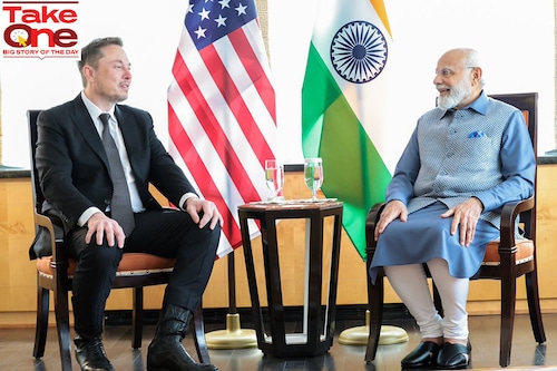 Tesla CEO Elon Musk and Prime Minister Narendra Modi during Modi"s state visit to the US on June 21, 2023. Image: Courtesy Twitter