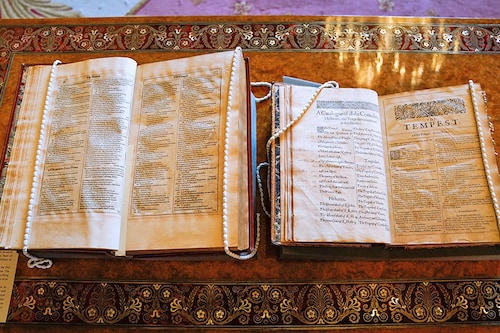 The first (L) and second folio of works by William Shakespeare are pictured during a reception at Windsor Castle in Windsor on July 18, 2023, on the 400th anniversary of the publication of the first Shakespeare Folio. Image: Andrew Matthews / POOL / AFPÂ©