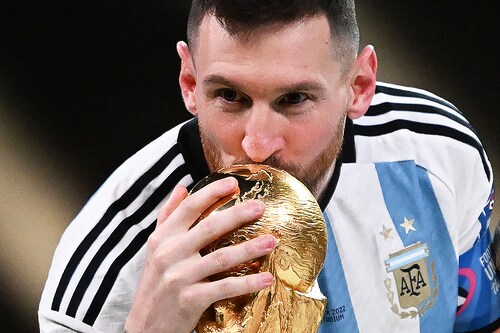 A set of six jerseys that Lionel Messi wore during Argentina"s victorious 2022 World Cup run will be auctioned in December.
Image: Kirill Kudryavtsev / AFPÂ©
