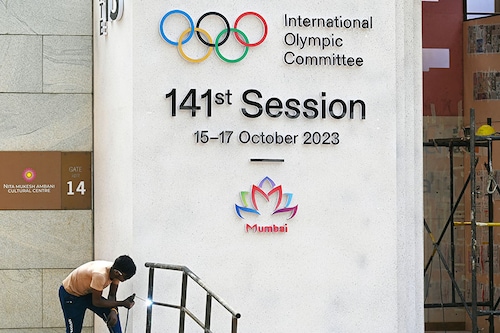 The venue being prepped for the upcoming 141st International Olympic Committee (IOC) session in Mumbai beginning October 15. Image: Indranil Mukherjee / AFP The venue being prepped for the upcoming 141st International Olympic Committee (IOC) session in Mumbai beginning October 15. Image: Indranil Mukherjee / AFP