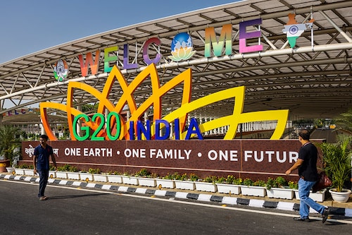 G20 signage welcomes foreign and national visitors on September 05, 2023 in Delhi, India. The 18th G20 Summit will take place September 9 - 10, 2023. (Photo by Elke Scholiers/Getty Images) G20 signage welcomes foreign and national visitors on September 05, 2023 in Delhi, India. The 18th G20 Summit will take place September 9 - 10, 2023. (Photo by Elke Scholiers/Getty Images)