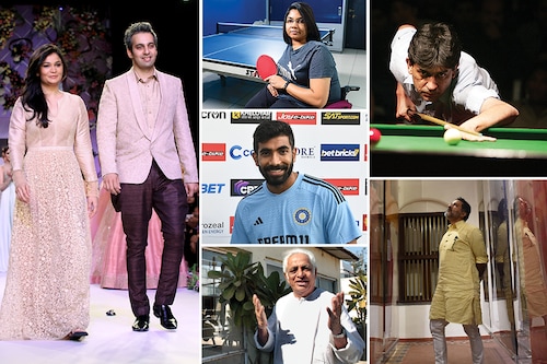 (Clockwise): Shyamal and Bhumika Shodhan, fashion designers Bhavina Patel, athlete Geet Sethi, billiards player Abhay Mangaldas, entrepreneur Dashrath Patel, designer and sculptor Jasprit Bumrah, cricketer (centre)  (Clockwise): Shyamal and Bhumika Shodhan, fashion designers Bhavina Patel, athlete Geet Sethi, billiards player Abhay Mangaldas, entrepreneur Dashrath Patel, designer and sculptor Jasprit Bumrah, cricketer (centre) 