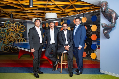 (From left) Pankaj Poddar chief risk officer, Aseem Dhru, MD &amp CEO, Narayan Barasia, CFO, and Mahesh Dayani, chief business officer of SBFC
Image: Bajirao Pawar for Forbes India