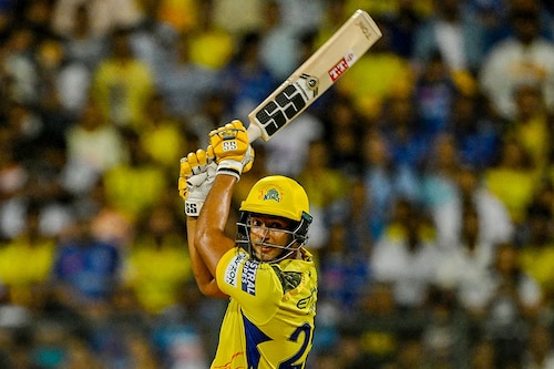 Chennai Super Kings" Shivam Dube plays a shot during the Indian Premier League (IPL) Twenty20 cricket match between Mumbai Indians and Chennai Super Kings at the Wankhede Stadium in Mumbai on April 14, 2024. 
Image: Indranil Mukherjee / AFP