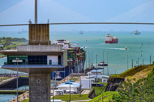 A cargo ship passes through the Panama Canal"s Agua Clara locks on Gatun Lake in Colon, Panama, on April 14, 2024. The number of ships allowed through the drought-hit Panama Canal each day will be increased thanks to signs of an improvement in water levels, authorities said on April 15, 2024.
Image: Martin Bernetti / AFP A cargo ship passes through the Panama Canal"s Agua Clara locks on Gatun Lake in Colon, Panama, on April 14, 2024. The number of ships allowed through the drought-hit Panama Canal each day will be increased thanks to signs of an improvement in water levels, authorities said on April 15, 2024.
Image: Martin Bernetti / AFP