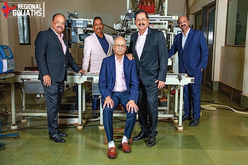 From left: The second generation of JK Masale Group—Ashok Jain, Chandra Kumar Jain, Bhagchand Jain (seated), Jai Kumar Jain and Jitendra Jain
Image: Subrata Biswas for Forbes India