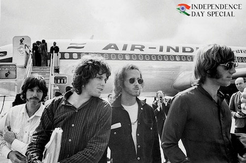 American rock group The Doors arrives at London’s Heathrow airport in an Air India flight in September 1968. (From left) Drummer John Densmore, lead vocalist Jim Morrison, guitarist Robby Krieger and keyboard player Ray Manzarek
Image: Leonard Trievnor/Mirrorpix via Getty Images