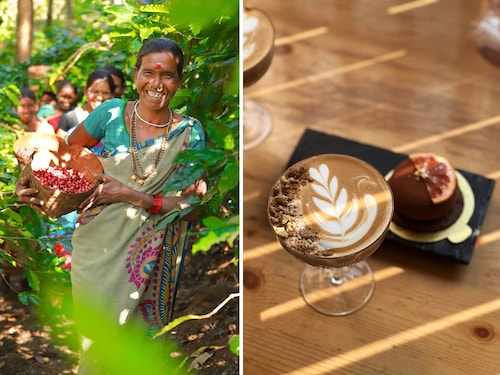 Workers at the Araku Coffee estate (left) Cinnamon butternut latte by Baba Beans Workers at the Araku Coffee estate (left) Cinnamon butternut latte by Baba Beans