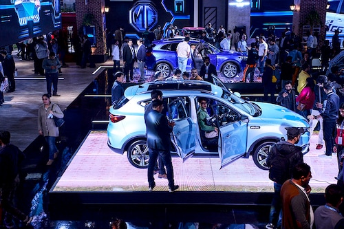 A file photo of an MG Motor pure-electric car launch. Image: Sajjad HUSSAIN / AFP