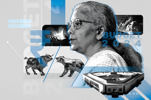 Equities stayed calm before Sitharaman’s presentation in the Parliament but soon turned cold, snubbing the proposals.
Illustration: Chaitanya Dinesh Surpur Equities stayed calm before Sitharaman’s presentation in the Parliament but soon turned cold, snubbing the proposals.
Illustration: Chaitanya Dinesh Surpur