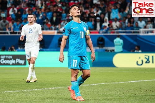 Sunil Chhetri reacts during the AFC Asian Cup Group B match between India and Uzbekistan in Doha in January. Image: Zhizhao Wu/Getty Images