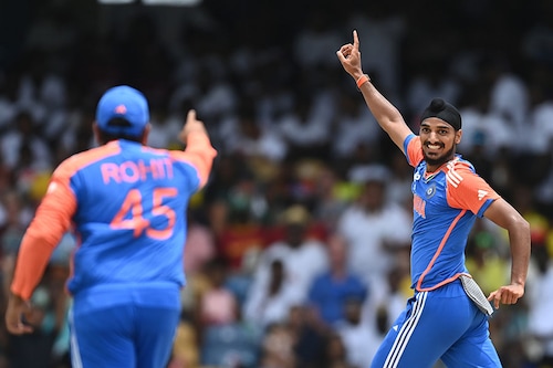 Arshdeep Singh of India celebrates after dismissing Aiden Markram of South Africa during the ICC Men"s T20 Cricket World Cup West Indies & USA 2024 Final match between South Africa and India at Kensington Oval on June 29, 2024 in Bridgetown, Barbados.
Image: Gareth Copley/Getty Images