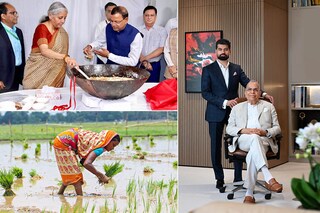 Clockwise: Finance Minister Nirmala Sitharaman with Union Minister of State for Finance Pankaj Chaudhary during the "Halwa" ceremony to mark the final stage of Union Budget 2024-25 (Sitting) PNC Menon, Chairman Emeritus, Sobha Limited and Ravi Menon, Chairman Sobha Limited farmer working in a rice paddy