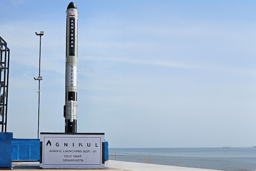 (File) Agnibaan SubOrbital Technological Demonstrator (SOrTeD), vehicle is seen at Agnikul"s Launchpad at Satish Dhawan Space Center in Sriharikota, India.
Image: Agnikul Cosmos Private Limited/Handout via REUTERS