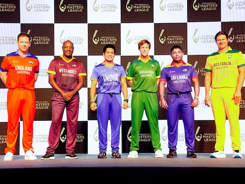 (From left) Eoin Morgan, Brian Lara, Sachin Tendulkar, Jonty Rhodes, Romesh Kaluwitharana, Shane Watson, former international cricket stars from England, West Indies, India, South Africa, Sri Lanka and Australia, respectively, at the launch event of the International Masters League. 
Image: Courtesy IML
