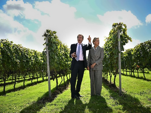 Britain"s Sophie, Duchess of Edinburgh (R) and co-founder of Domaine Evremond, Patrick McGrath (L) tour the vineyards of Domaine Evremond in Chilham, in south east England.
Photography Ben STANSALL / AFPÂ©