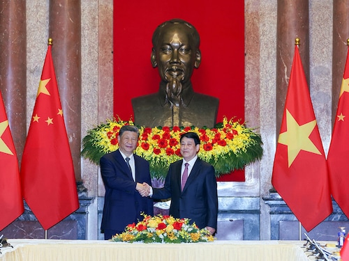 Vietnam’s President Luong Cuong (R) and Chinese President Xi Jinping shake hands at the Presidential Palace in Hanoi on April 15, 2025.
Image: Minh Hoang / Pool / AFP Vietnam’s President Luong Cuong (R) and Chinese President Xi Jinping shake hands at the Presidential Palace in Hanoi on April 15, 2025.
Image: Minh Hoang / Pool / AFP