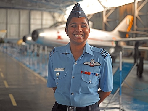 Lieutenant Shivangi Singh of the Indian Air Force (IAF) attending an interview with AFP at the Air Force Museum in New Delhi. Image: Arun SANKAR / AFP