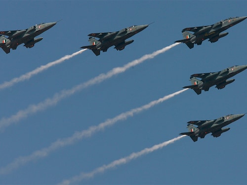 Indian air force Jaguar aircraft fly during the inauguration ceremony of the 