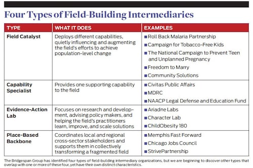 The Bridgespan Group has identified four types of field-building intermediary organisations, but we are beginning to discover other types that overlap with one or more of these four, yet have their own distinct characteristics. 