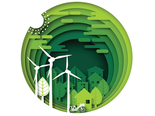 Green eco friendly city and urban forest nature landscape paper layer.Ecology and environment conservation creative idea concept paper art style design.Vector illustration.