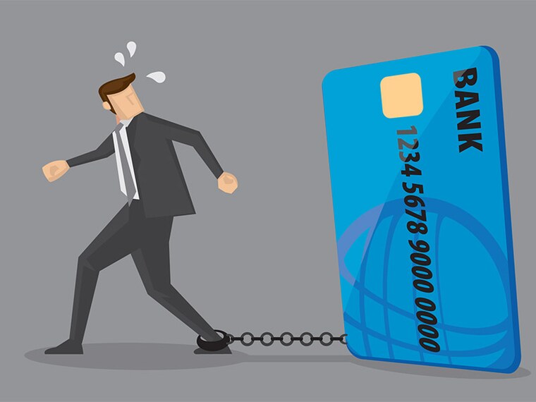 Cartoon businessman with foot chained to bank credit card trying to escape. Creative vector illustration on credit card debt concept isolated on grey background.