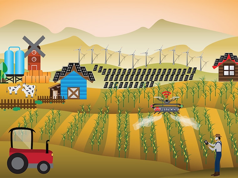 Smart Farm Concept,Farmer used drone spraying pesticides on his farm - Vector Illustration
Green energy,Renewable Energy, Digital Farm, Farm, Farm Worker, Farmer