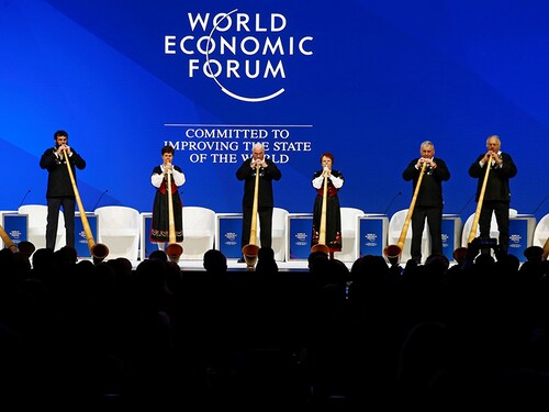 Musicians play alphorns during the official opening ceremony of the World Economic Forum (WEF) annual meeting in Davos, Switzerland, January 22, 2019. REUTERS/Arnd Wiegmann - RC114AF2CB80