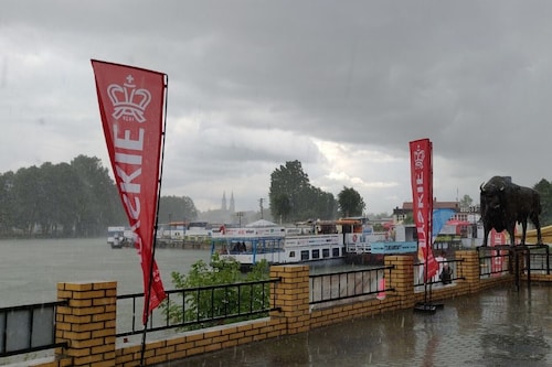 Lashing rain in Augustow city on the way Prague