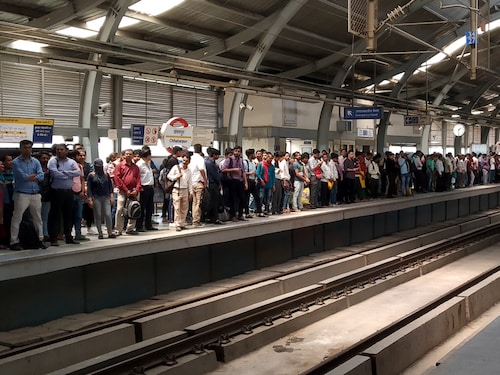 NEW DELHI, INDIA - MAY 21: Heavy rush of commuters seen inside Chattarpur metro station due to the breakdown of Metro service between Qutub Minar to Sultanpur Station,  on May 21, 2019 in New Delhi, India.  (Photo by Amal KS/Hindustan Times via Getty Images)