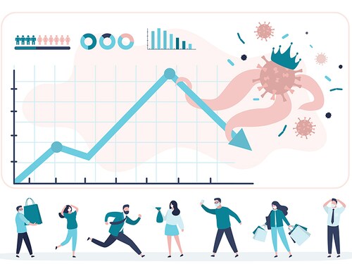 Coronavirus infection and pandemic causes stock and financial markets to fall. Various people, businessmen are shocked and panicking. World finance crisis. Trendy flat banner.Vector illustration