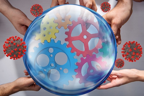 Business team connect pieces of gears protected by a glass sphere from coronavirus. Concept of startup, integration and partnership
