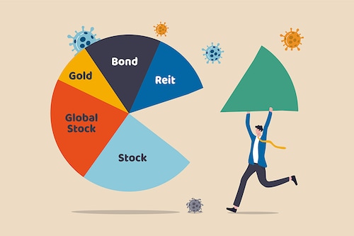 Asset Allocation investment or risk management in COVID-19 Coronavirus crash causing economic recession concept, businessman investor or wealth manager holding big piece of asset allocation pie chart.