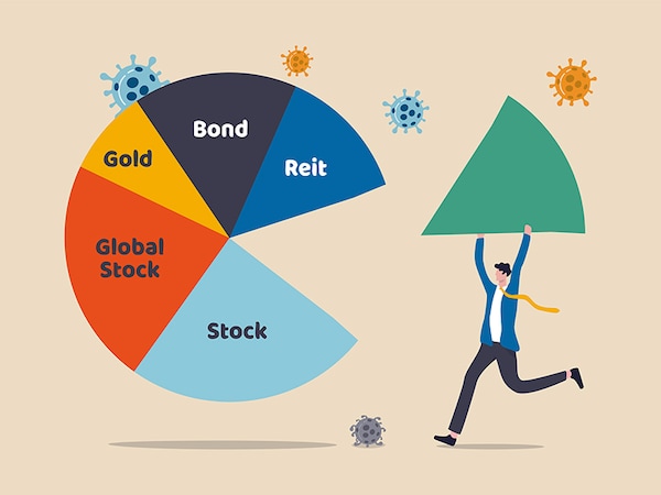Asset Allocation investment or risk management in COVID-19 Coronavirus crash causing economic recession concept, businessman investor or wealth manager holding big piece of asset allocation pie chart.