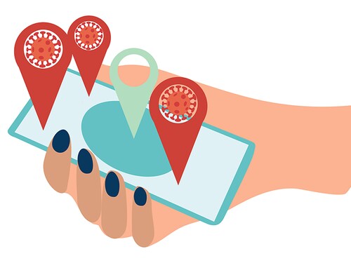 New Covid-19 contact tracing app track user locations and help combat coronavirus. COVID 19. Phone with the coronavirus tracking app installed. App helps people keep tabs on the coronavirus. The medical mobile app concept. Flat style. Vector