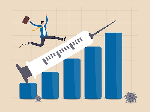 Financial and economic crisis recover from COVID-19 collapse with Coronavirus vaccine discovery concept, businessman investor happy running on syringe pointing up on growth profit financial bar graph.