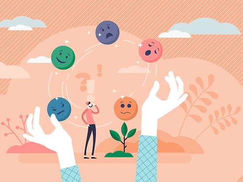 Juggling emotions, flat tiny persons vector illustration. Personal traits and self awareness emotional intelligence. Controlling impulses and mental activity reactions. Exploring inner personality.