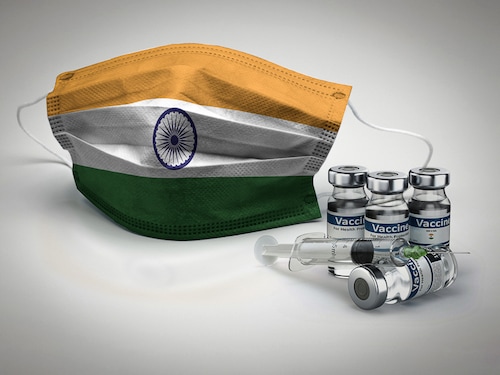 8K India flag medical face mask coronavirus 3d rendering with vaccine of the country