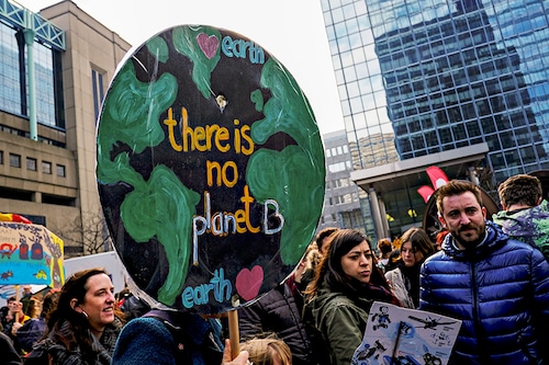 Brussels, Belgium. 21st February 2019. High school and university students stage a protest against the climate policies of the Belgian government.