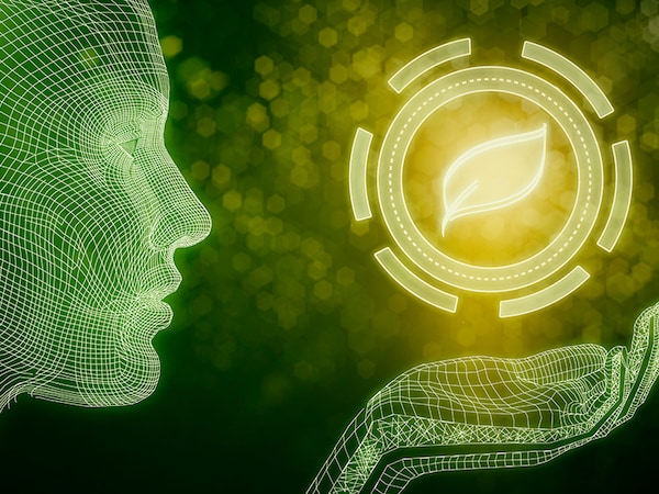 Side view of abstract digital human holding leaf icon. 3D Rendering. Natural concept